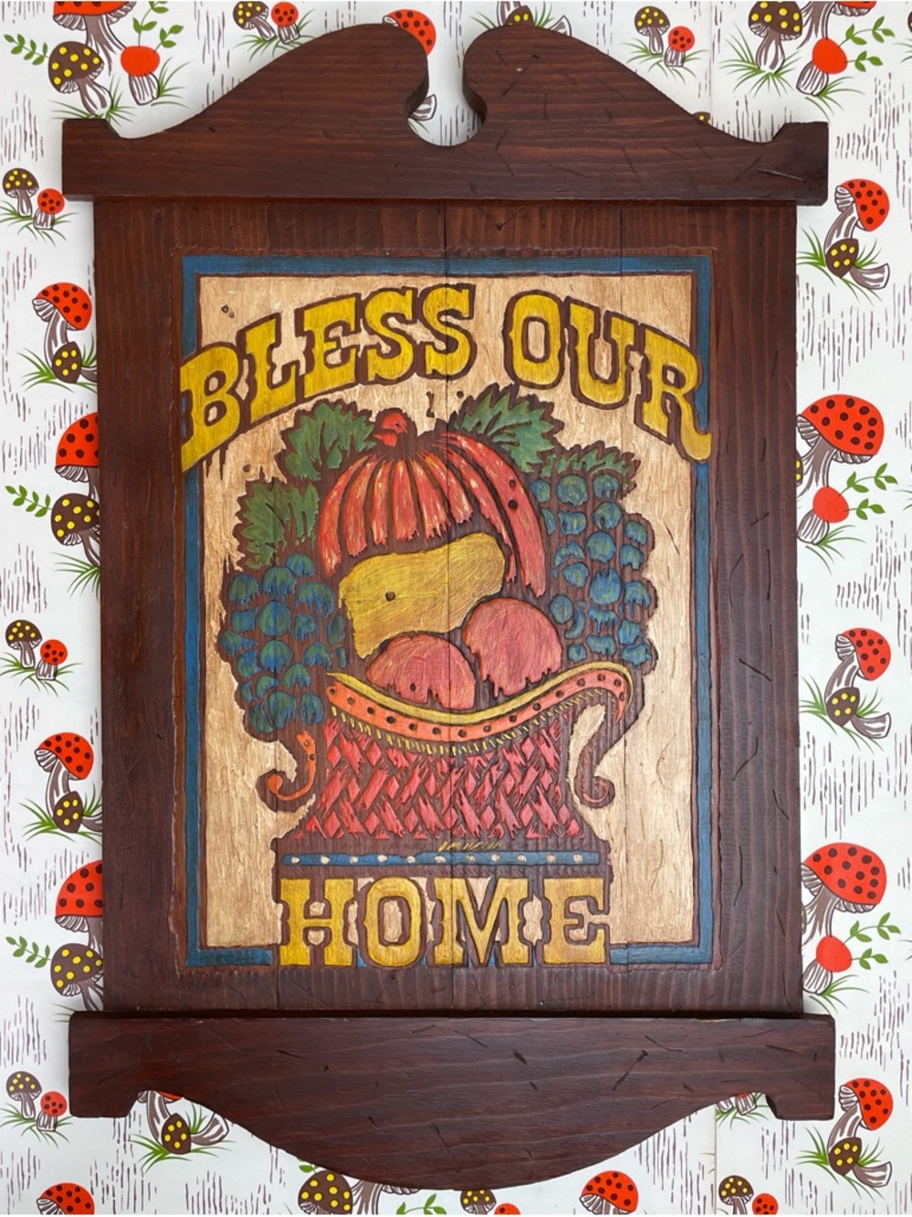 Vintage Folk Wood Rustic ‘Bless Our Home’ Sign 1971